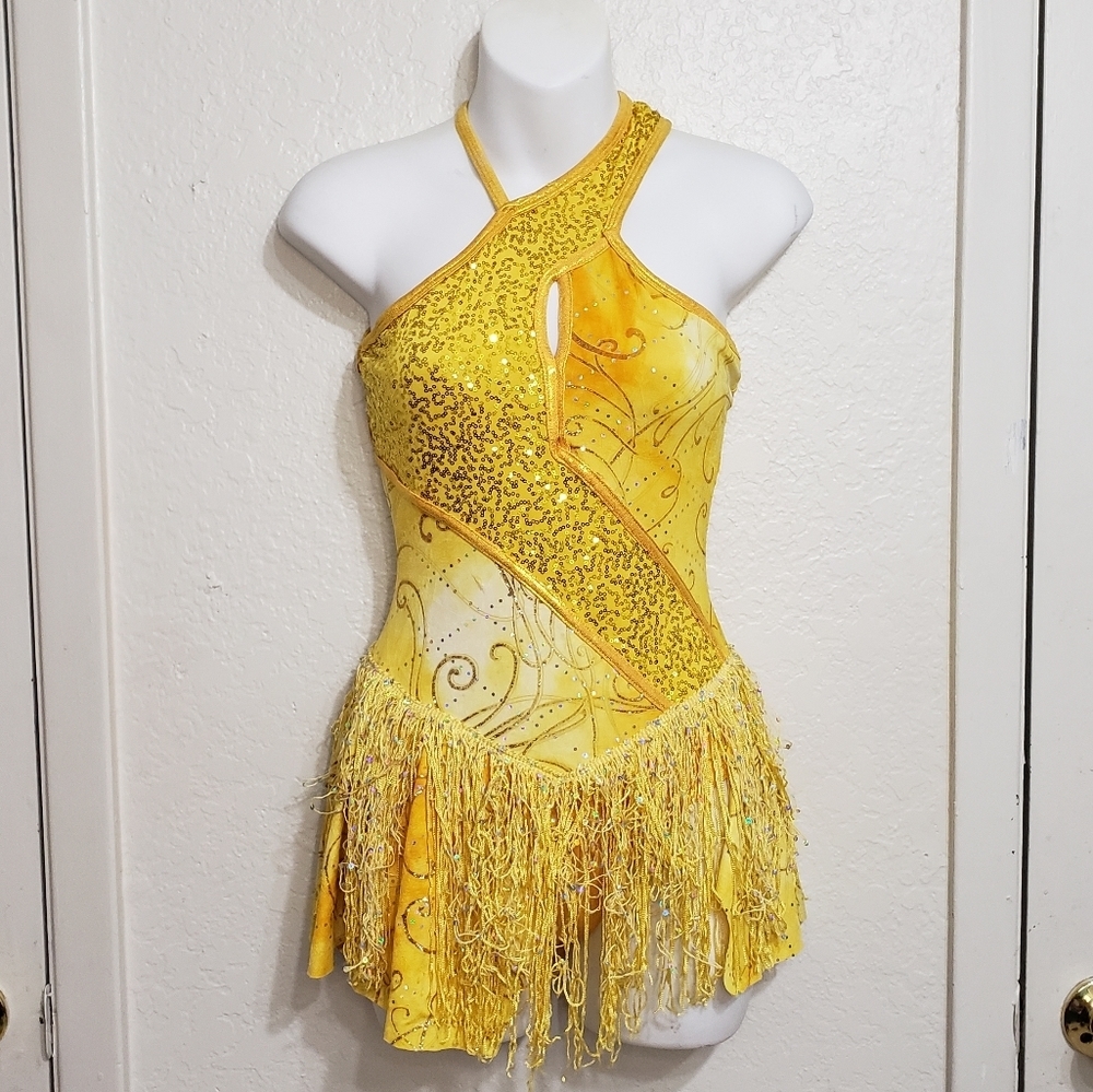 "A Wish Come True" Yellow Sequin Fringe One-Piece Dance Costume Dress